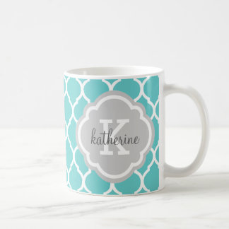 Caneca De Café Turquesa e Cinza Quatrefoil de Marrocos Monograma