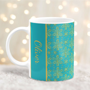 Caneca De Café Turquesa e Flocos de Neve Dourados