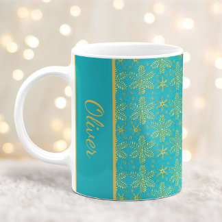 Caneca De Café Turquesa e Flocos de Neve Dourados