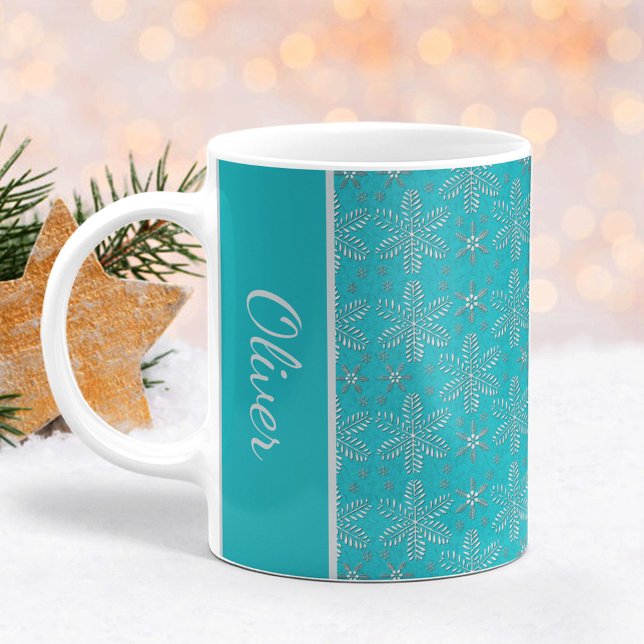Caneca De Café Turquesa e Prata Flocos de Neve de Natal (Criador carregado)