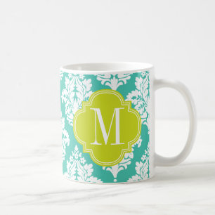Caneca De Café Turquesa elegante do damasco & monograma feito sob