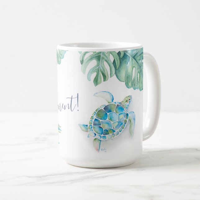 Caneca De Café Turquesa Tropical Azul Aquarela Tartaruga Marinha (Frente Esquerda)