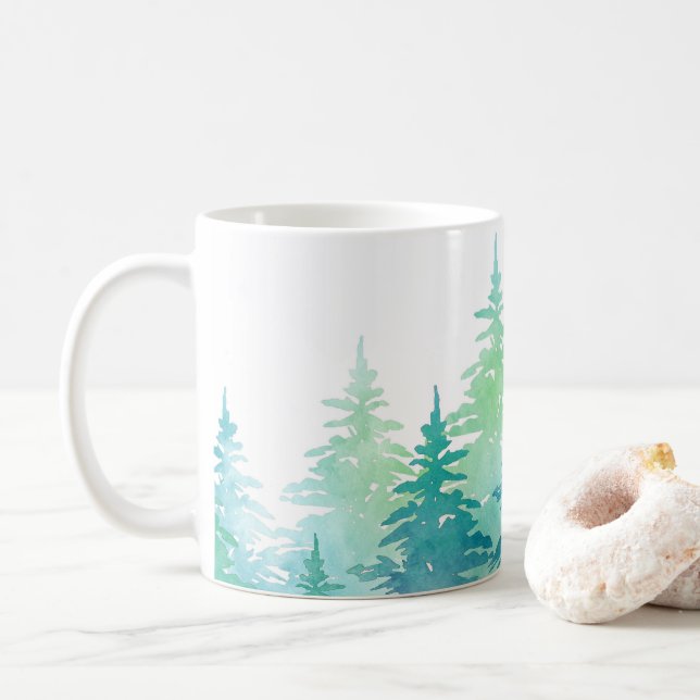 Caneca De Café Turquesa Verde Aquarela Evergreen Trees (Com Donut)