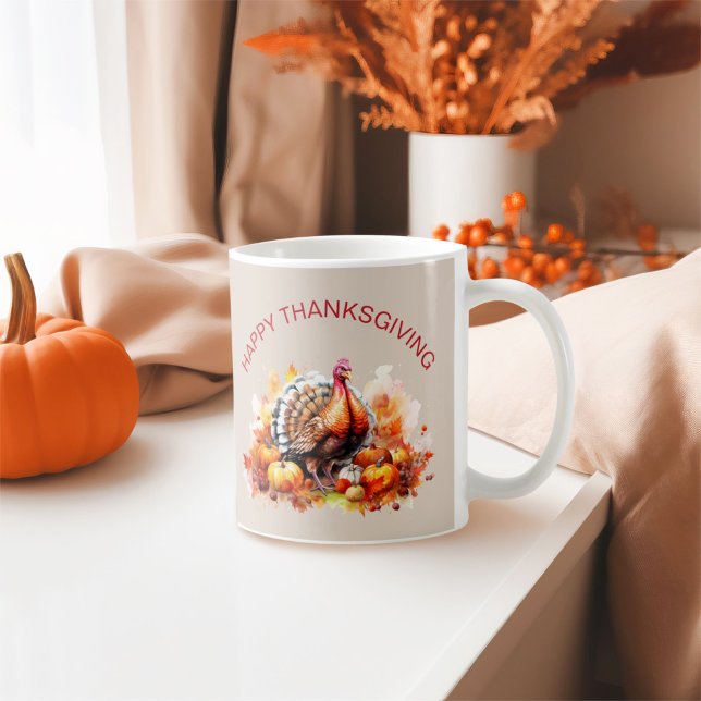 Caneca De Café Turquia e Pumpkins em Ação de Graças de Aquarela (Criador carregado)