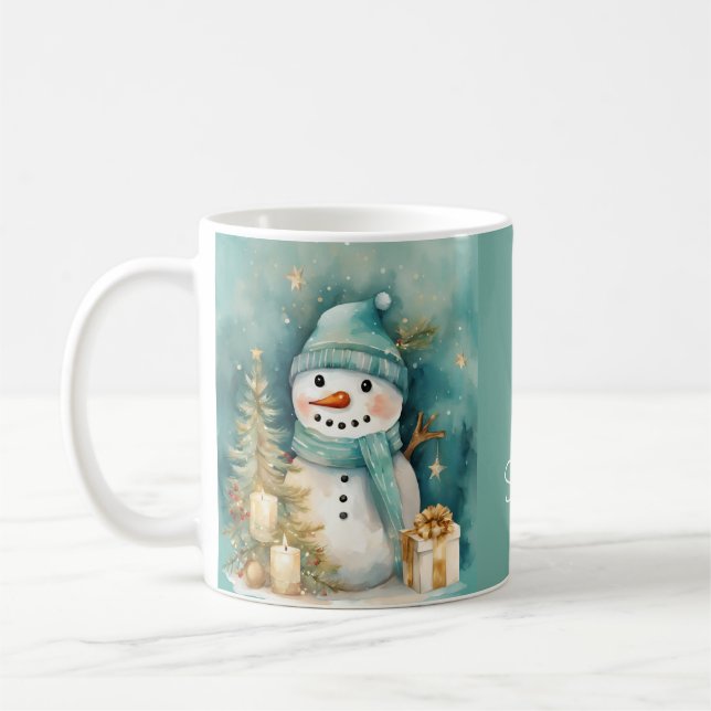 Caneca De Café Turquoise & Gold Snowman with Christmas Tree (Esquerda)