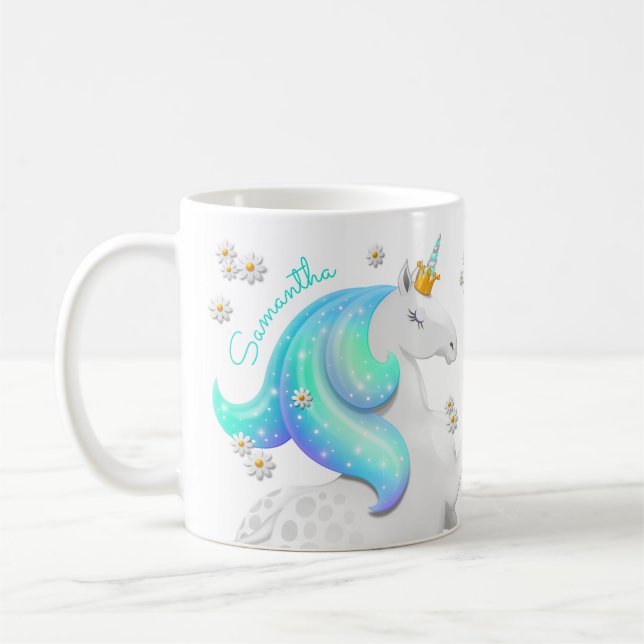 Caneca De Café Turquoise Princesa Unicórn brilhante com Daises (Esquerda)