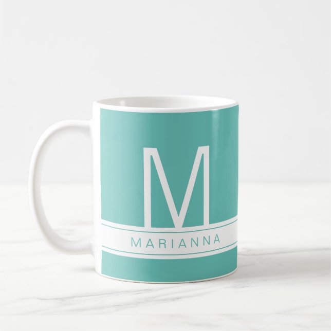 Caneca De Café Turquoise Teal Blue Modern Monograma e Nome (Esquerda)