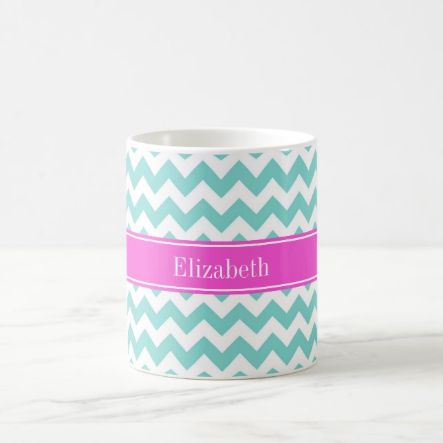 Caneca De Café Turquoise Whevron Hot Pink Name Monograma (Centro)