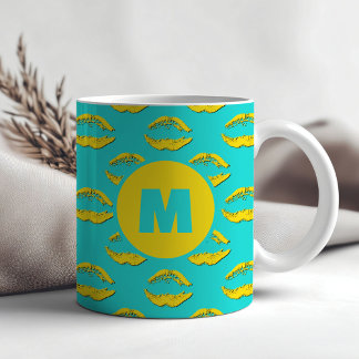 Caneca De Café Turquoise & Yellow XOXO Kissing Lips Personalized