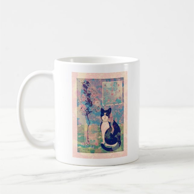Caneca De Café Tuxedo Cat com Cherry Blossoms (Esquerda)