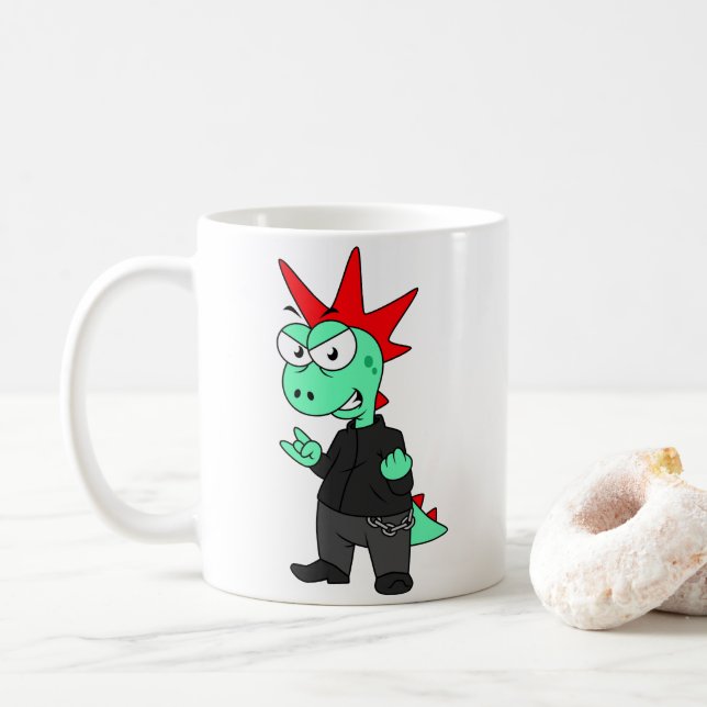 Caneca De Café Tyrannosaurus Rex Vestido Como Um Punk. (Com Donut)