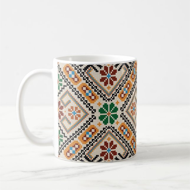 Caneca De Café Ucraniano Cross-Stitch: Padrão Étnico Feito À Mão. (Esquerda)