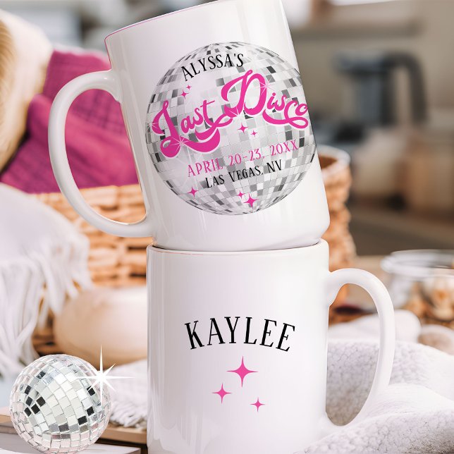 Caneca De Café Última Festa de solteira de Disco da Noiva Mug (Her Last Disco ball Hot Pink black personalized bridesmaid guest name bachelorette party favor gift)