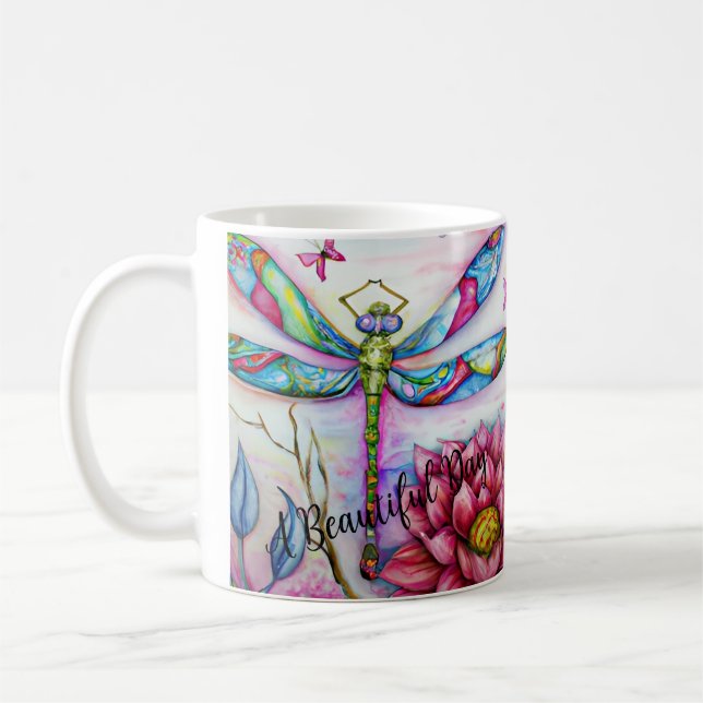 Caneca De Café Um Belo Dia, Dragonfly De Aquarela, Personalize (Esquerda)