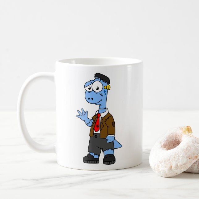 Caneca De Café Um Brontosauro De Cartoon Vestiu Como Frankenstein (Com Donut)