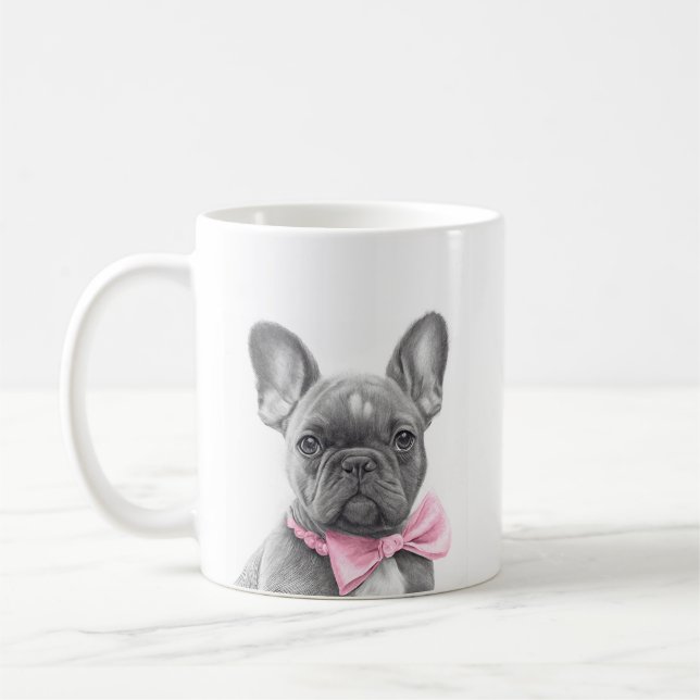 Caneca De Café Um cachorrinho francês adorável com um arco rosa (Esquerda)