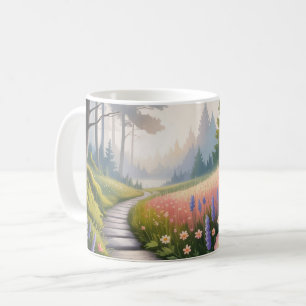 Caneca De Café Um caminho entre árvores florestais e flores silve