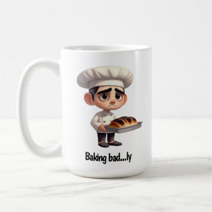 Caneca De Café Um Chef de pastelaria triste com pão queimado