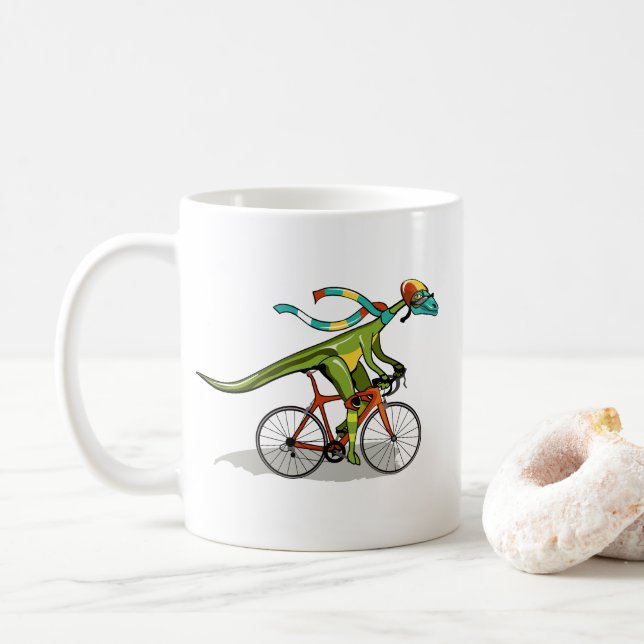 Caneca De Café Um Dinossauro Anabisetia Andando De Bicicleta. (Com Donut)