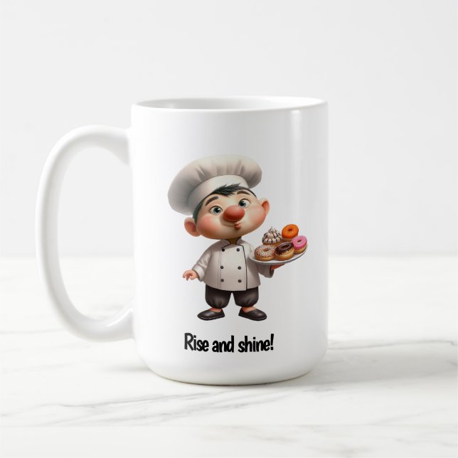 Caneca De Café Um Feliz Chef de Pastelaria Posicionando a Câmera (Esquerda)