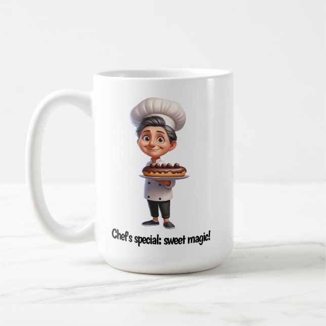 Caneca De Café Um Feliz Chef de Pastelaria Posicionando a Câmera (Esquerda)