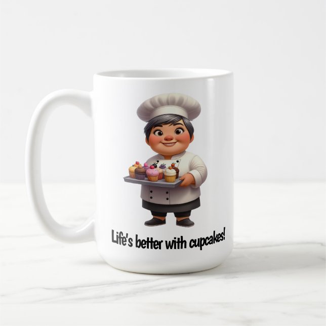 Caneca De Café Um Feliz Chef de Pastelaria Posicionando a Câmera (Esquerda)