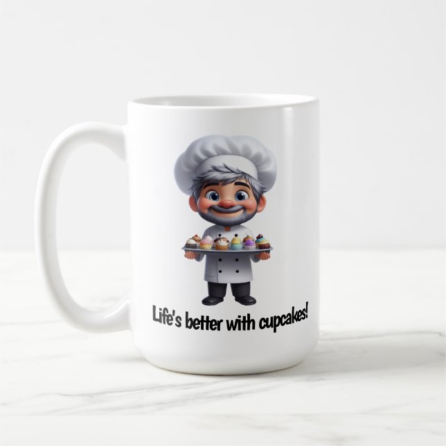 Caneca De Café Um Feliz Chef de Pastelaria Posicionando a Câmera (Esquerda)
