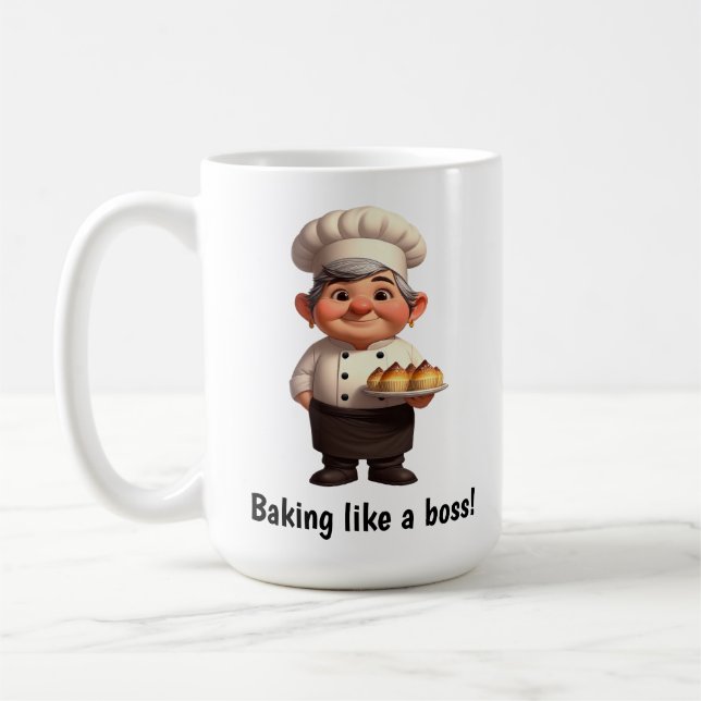 Caneca De Café Um Feliz Chef de Pastelaria Posicionando a Câmera (Esquerda)