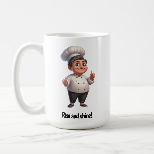 Caneca De Café Um Feliz Chef de Pastelaria Posicionando a Câmera (Esquerda)