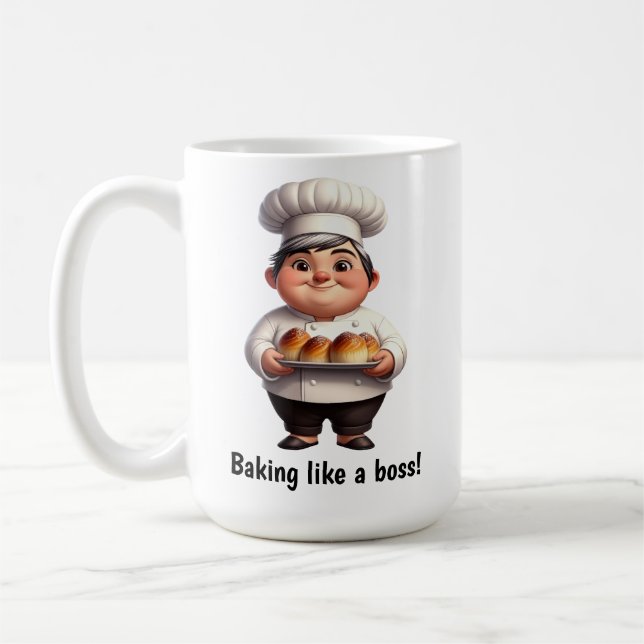 Caneca De Café Um Feliz Chef de Pastelaria Posicionando a Câmera (Esquerda)