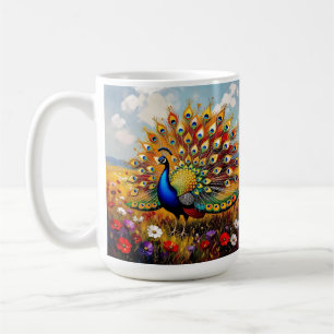 Caneca De Café Um Pavão Dourado e Azul em Flores