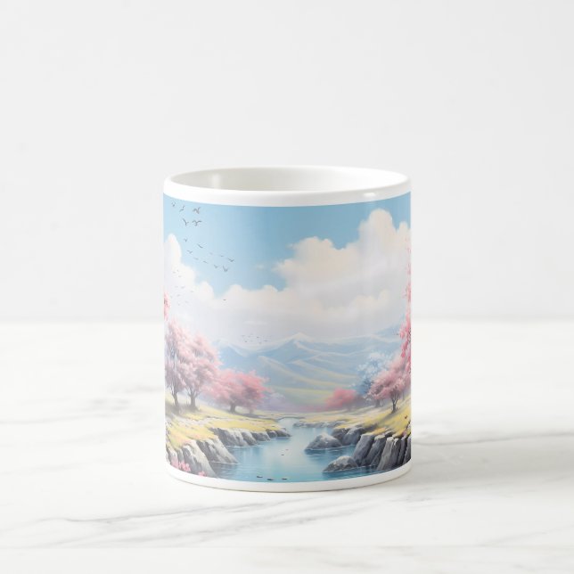 Caneca De Café Uma Montanha, Um Rio E Uma Árvore Em Primavera (Centro)