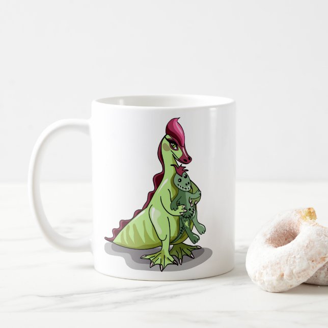 Caneca De Café Uma Mulher Hadrosaurus Segurando Uma Boneca. (Com Donut)