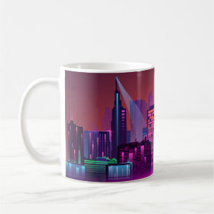 Caneca De Café Uma paisagem urbana noturna brilhante, vintage.