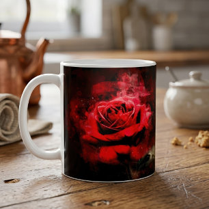Caneca De Café Uma Rosa Vermelha Aquarela em Fundo Preto