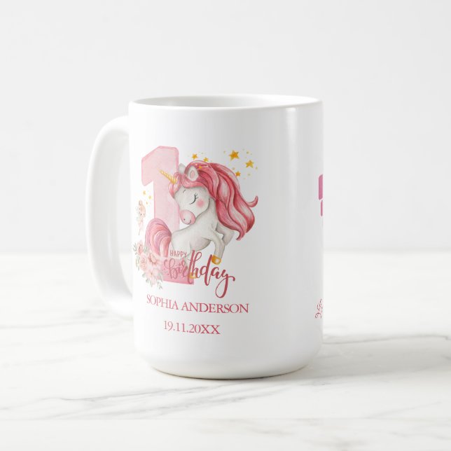 Caneca De Café Unicorn 1st Birthday Pink Little Girl  (Frente Esquerda)