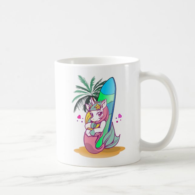 Caneca De Café Unicórnio com prancha na praia (Direita)