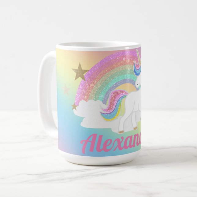 Caneca De Café Unicórnio Cute com Glitter Rainbow e Nome Personal (Frente Esquerda)
