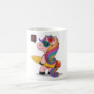 Caneca De Café unicórnio de desenho animado com surfboard