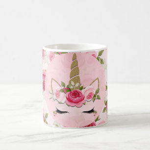 Caneca De Café Unicórnio Dourado Flores Rosa Cute Tendência 