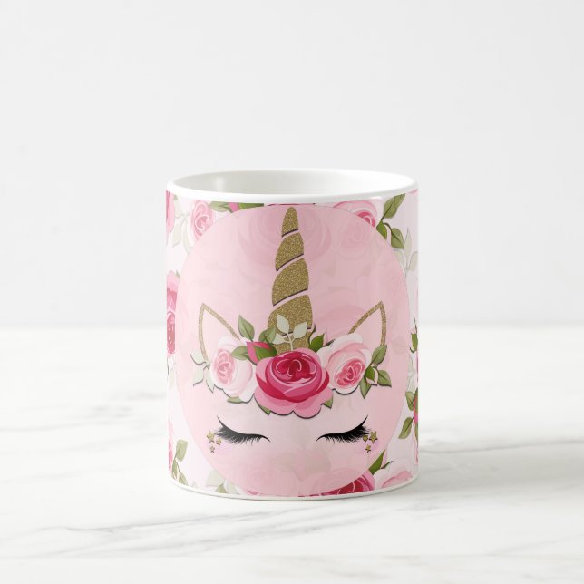 Caneca De Café Unicórnio Dourado Rosas Florais Rosa Fofo Moderno (Centro)