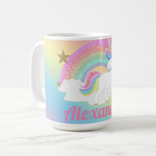 Caneca De Café Unicórnio Fofo com Arco-íris de Brilho e Nome Pers