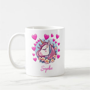 Caneca De Café Unicórnio Fofo, Corações e Flores Cor-de-Rosa, Nom