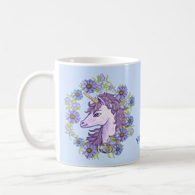 Caneca De Café Unicórnio Margaridas Azuis (Esquerda)