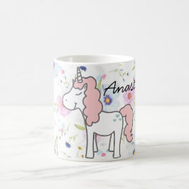 Caneca De Café Unicórnio Rosa, Flores e seu nome