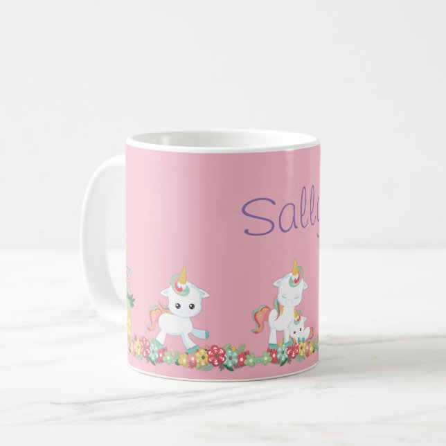 Caneca De Café Unicórnios bonitos e Floral Personalizados (Frente Esquerda)