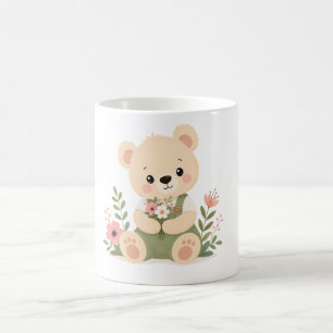 Caneca De Café Ursa de Pelúcia Fofa Segurando um Buquê de Flores
