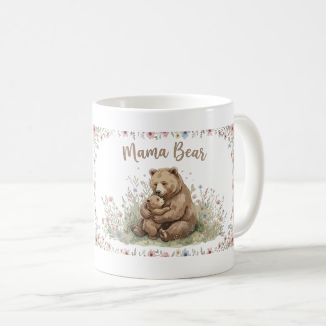 Caneca De Café Ursa Mãe Doce e Bebê Urso Floral Aquarela  (Frente Esquerda)