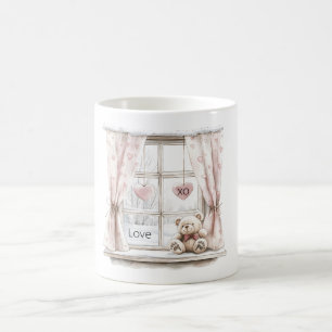 Caneca De Café Ursinho de janela com corações rosa XO Amor