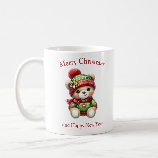 Caneca De Café Ursinho de Natal bonito com poinsettia (Esquerda)